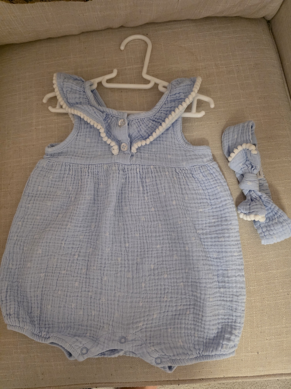 Baby Girls Light Blue Cotton Bubble Romper with Pom Trim & Headband